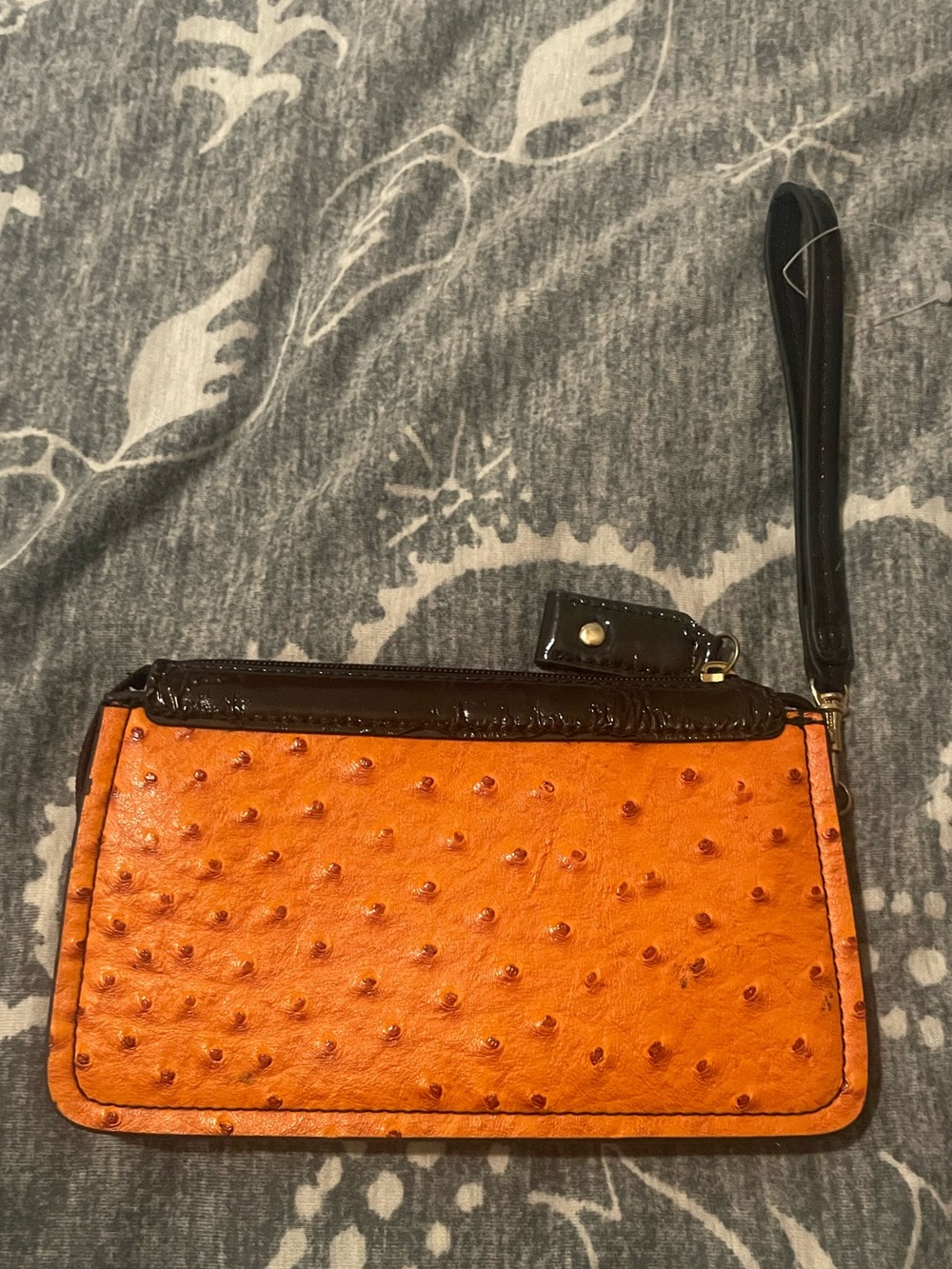 London Fog Orange Faux-Ostrich Wristlet with Dark Brown Trim